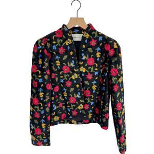 Vintage Ingeborg Black Floral Fuzzy Cropped Jacket Open Front Stand‎ Collar